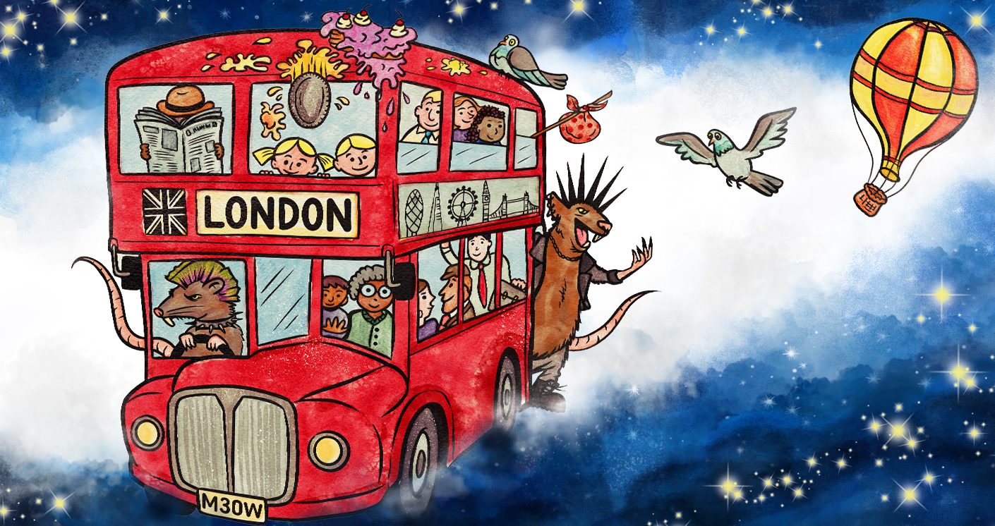 A red double-decker bus crammed with a cast of colourful characters, driven by a punk rat, on a background of stars. A hot air balloon flies by overhead.
